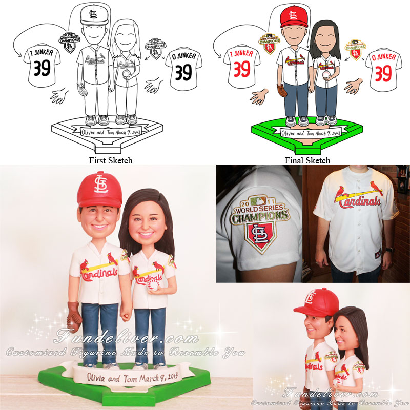 Couple Standing on Baseball Diamond Cardinals Theme Wedding Cake Toppers